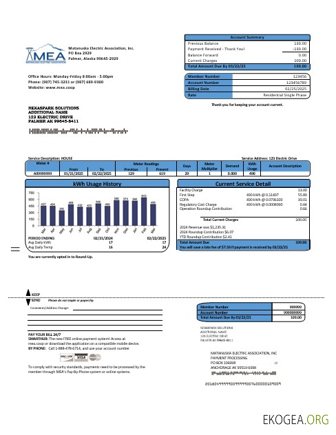 Modèle de facture de services publics d'électricité des États Unis MEA Alaska aux formats Word et PDF